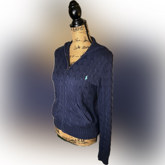 Ralph Lauren Sweaters - Ralph Lauren Navy Blue Preppy Cable Knit Zip Up Cotton Cardigan Hoodie Sweater M